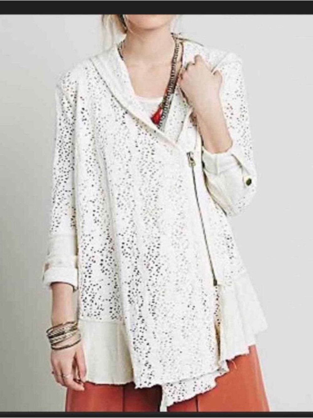 Free People Cream Open-Knit Zip Poncho Cape